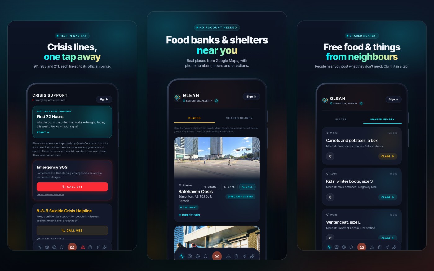 Glean — crisis lines in one tap, food banks and shelters near you, and free food from neighbours