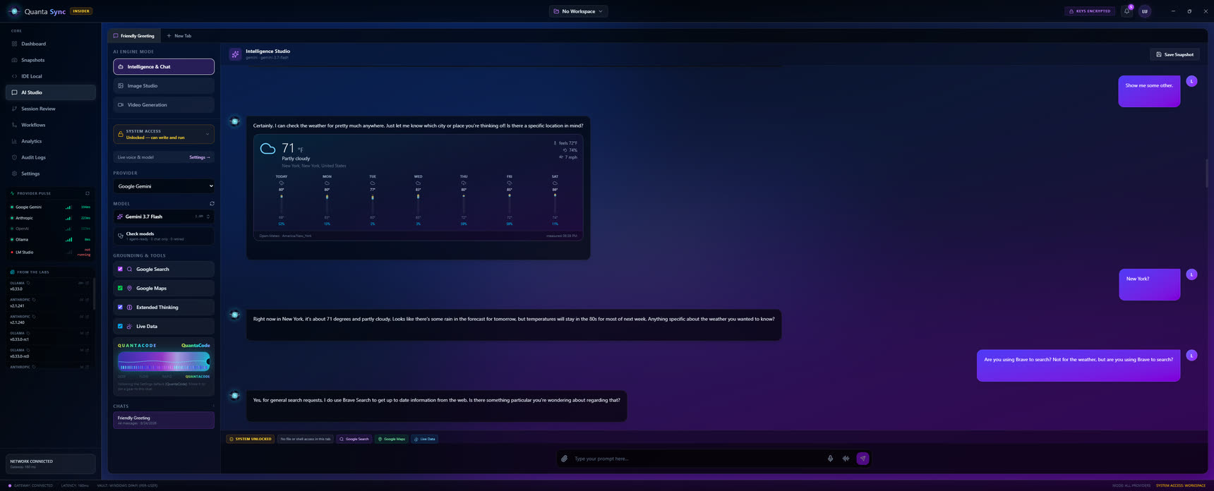 QuantaSync intelligence hub — streaming chat across five providers with tools and a data card