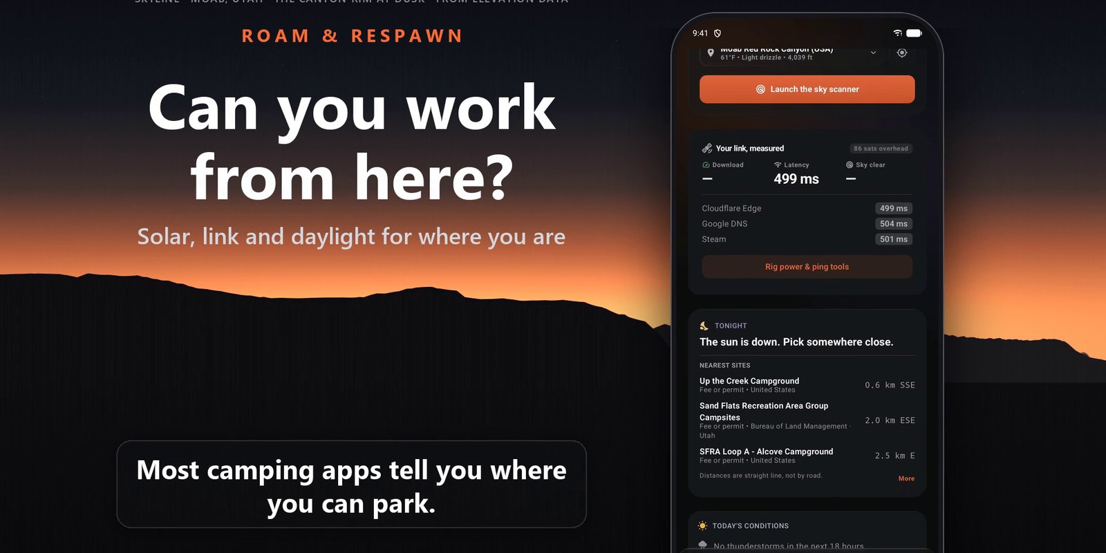 Roam & Respawn — the Hub on a phone in front of the real skyline of Moab's canyon rim at dusk